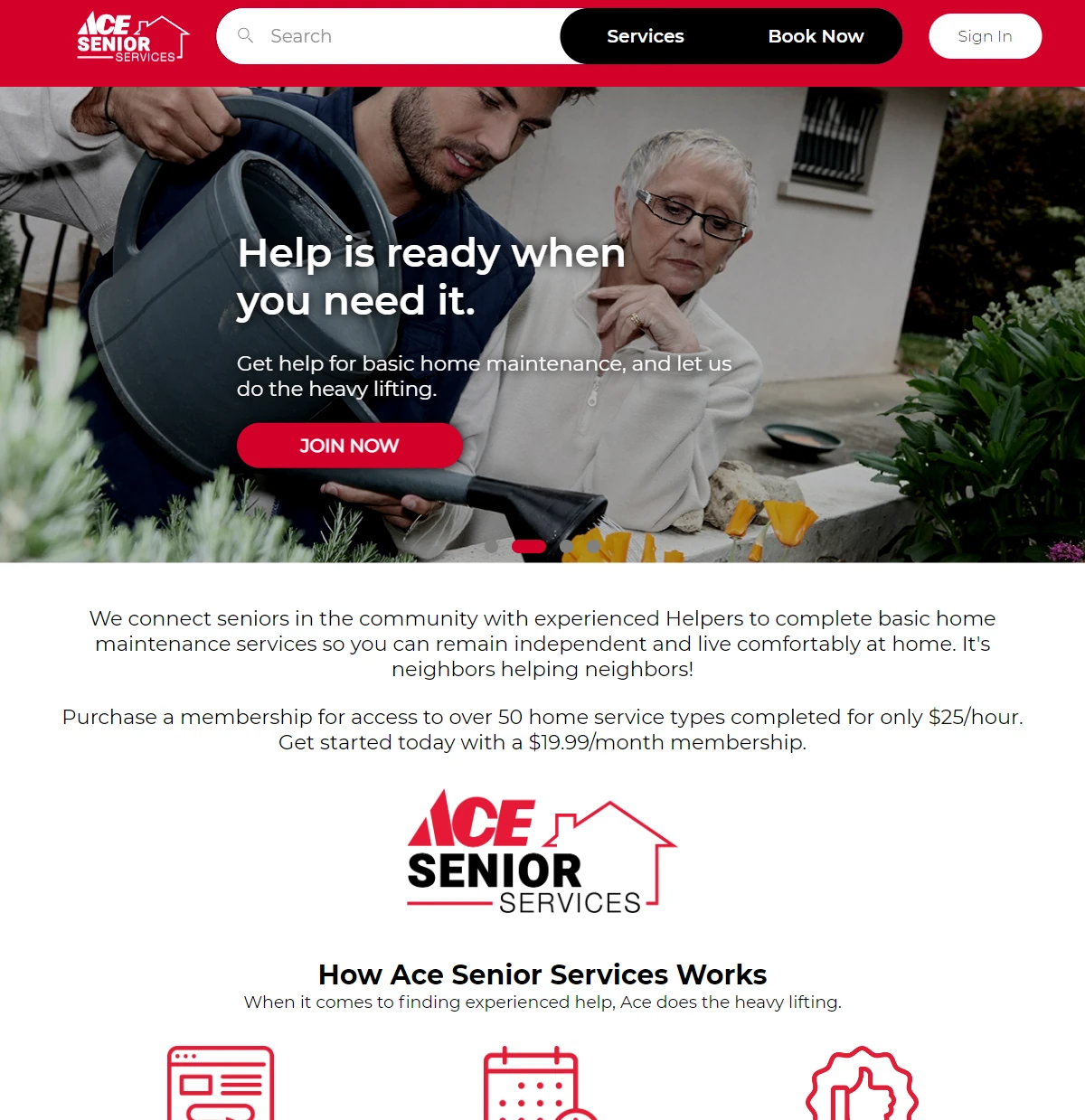 Ace Senior Services web application screens