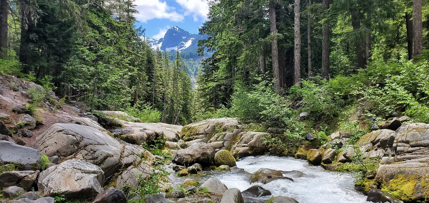 A rushing creek below snow-capped peaks