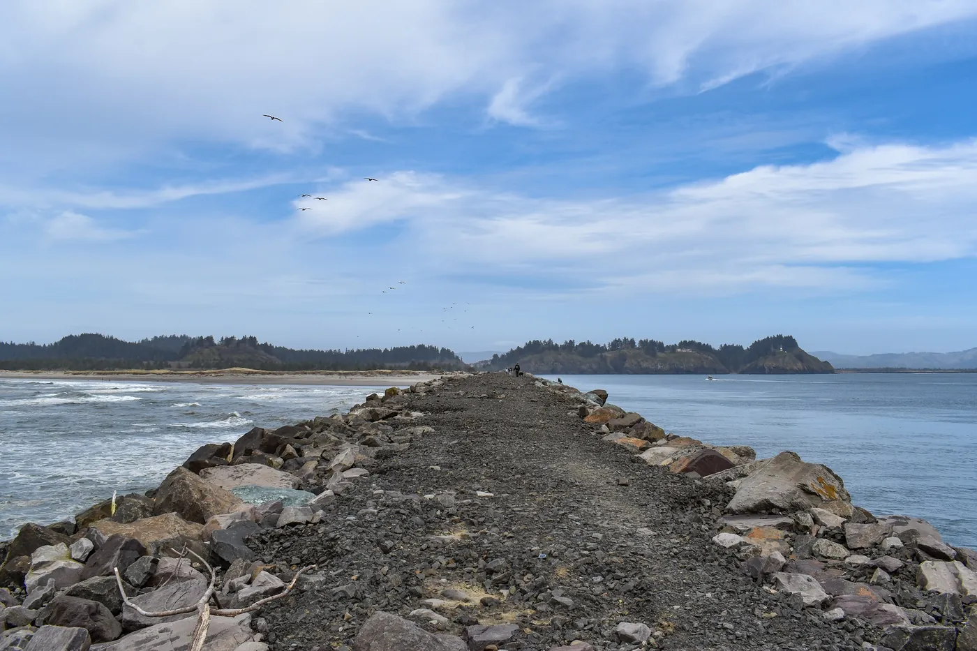 A rock jetty reaching into the Pacific, gulls overhead